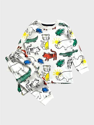 Erkek Çocuk %100 Pamuklu Beyaz Safari Yaprak Desenli Uzun Kollu Pijama Takımı