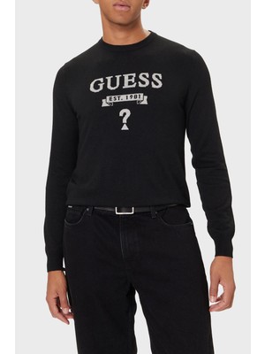 Guess Hammond Ipek ve Yün Karışımlı Slim Fit Bisiklet Yaka Kazak Erkek Kazak M5YR00 Z0122 Jblk