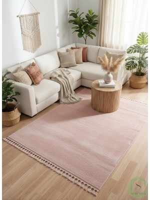 Post/peluş Yıkanabilir Kaymaz Taban Yumşacık Pembe Örgü Saçaklı Modern ve Şık Salon Oturma Odası Mutfak Çocuk Odası Koridor Antre Halısı