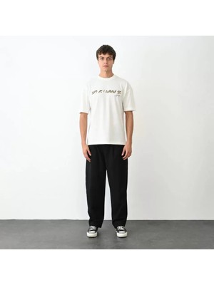 Unisex Bisiklet Yaka Baskılı Oversize T-Shirt - Beyaz