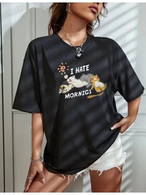 Bisiklet Yaka Baskılı Oversize T-Shirt - Siyah