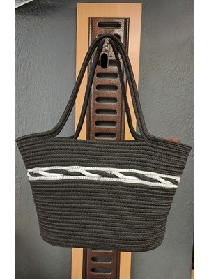 Doğal Hasır Jüt El Örmesi Günlük Kullanım ve Plaj Için Uygun Bayan Çanta-Siyah Ortası Beyaz Çizgili