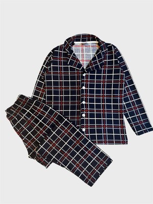 Erkek Çocuk Pamuklu Süet Kumaş Lacivert Ekose Desenli Gömlek Yaka Boydan Düğmeli Pijama Takımı