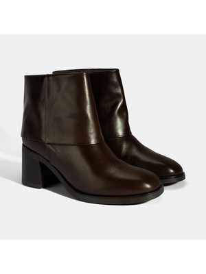 Kadın Kahve Katlama Detaylı Topuklu Deri Bot