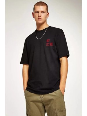 Unisex Bisiklet Yaka Oversize Baskılı T-Shirt - Siyah