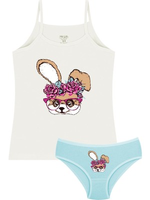 Öts Kız Çocuk Atlet Külot Likralı Ekru Köpek (%96 Pamuk - %4 Elastan)