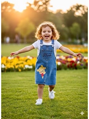 Kız Çocuk Kot Kumaş Winnie The Pooh Baskılı Ayarlanabilir Askı Cepli Salopet Denim Jile Elbise