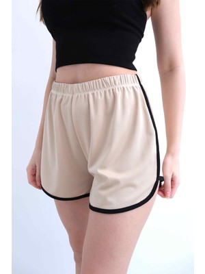 Kadın Beli Lastikli Biyeli Dalgıç Kumaş Bej Sporcu Şort