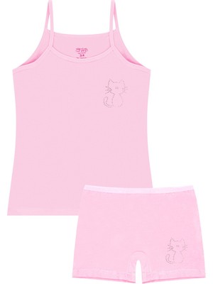 Öts Kız Çocuk Atlet Boxer Likralı Taş Baskılı Pembe Kedi (%96 Pamuk - %4 Elastan)