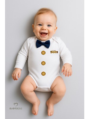 Babyden's Minik Patron Papyonlu Bebek Body ,düğme Deseni Baskılı, Erkek Bebek Uzun Kollu Çıtçıtlı Body Pamuklu