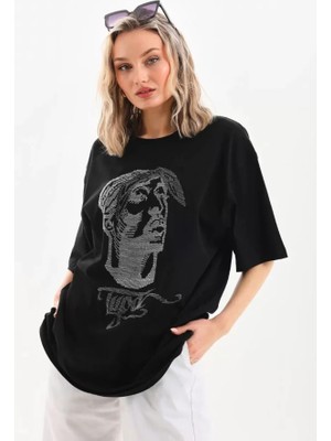 Unisex Taş Desenli Oversize T-Shirt - Siyah