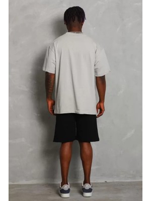 Unisex Oversize Düz Bisiklet Yaka T-Shirt - Gri