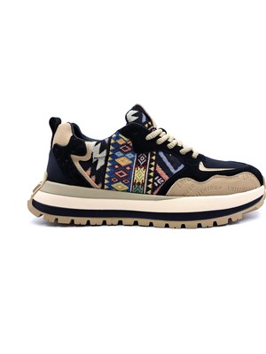 Guja G25K505 Hakiki Deri ve Tekstil Etnik Desenli Erkek Siyah Sneaker Spor Ayakkabı