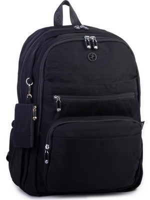 Nas Bag Unisex Büyük Boy Çok Gözlü Hafif Sırt Çantası Siyah