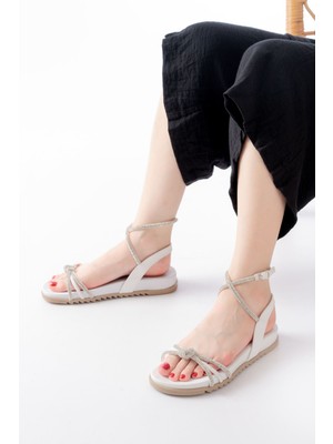 1001-1120 Beyaz Gümüş Taşlı Günlük Kadın Sandalet