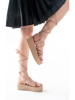 861-1010 Nut Rose Taşlı Bilekten Bağlamalı Kadın Sandalet