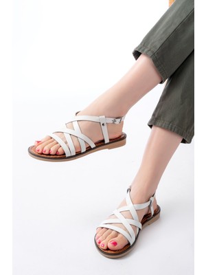 205-017 Beyaz Ortopedik Hakiki Deri Kadın Sandalet