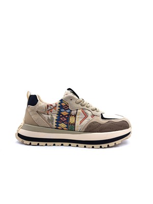 Guja G25K505 Hakiki Deri ve Tekstil Etnik Desenli Erkek Bej Renk Sneaker Spor Ayakkabı