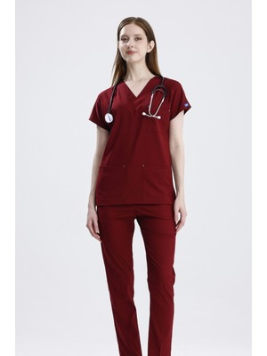 Uçak Medikal Bordo CORE-FLEX Likralı Cerrahi Takım Alt Üst Doktor Hemşire Forması Scrubs