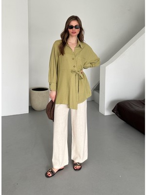 Haki %100 Pamuk Çapraz Düğmeli Beli Kemerli Gömlek