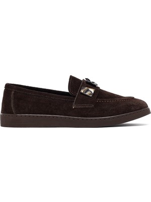 Kadın Kahverengi Tokalı Süet Deri Loafer 25AFD204210