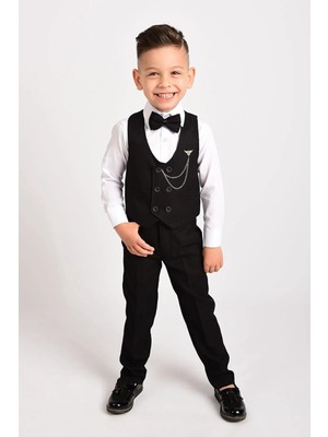 tinytrends Erkek Çocuk Smokin Zincirli Papyonlu Yelekli Takım Elbise Gün Bayramlık Şık Tasarım