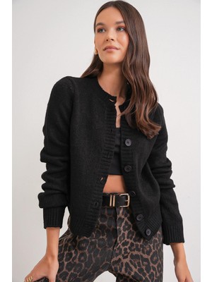 6951 Kadın Bisiklet Yaka Düğmeli Triko Kısa Hırka Siyah