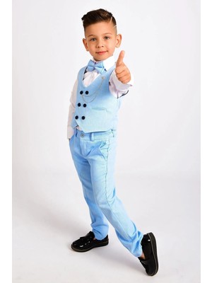 Erkek Çocuk Smokin Zincirli Papyonlu Yelekli Takım Elbise Özel Gün Bayramlık