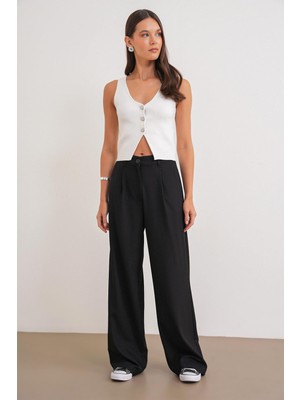 4747 Kadın Cepli Geniş Paça Dökümlü Palazzo Pantolon Siyah