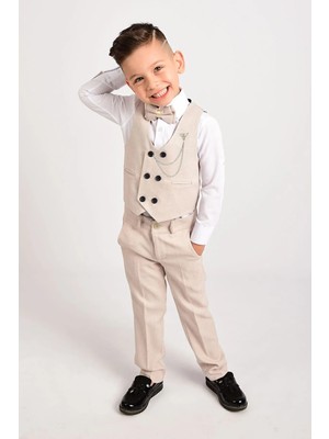 Erkek Çocuk Smokin Zincirli Papyonlu Yelekli Takım Elbise Özel Gün Bayramlık