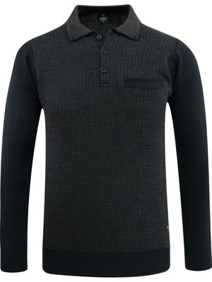 Erkek Polo Yaka Kazak Cepli Desenli Çelik Örgü Klasik Kalıp - 5205F