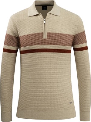 Erkek Fermuarlı Polo Yaka Kazak Triko Kabartmalı Örgü Desenli Klasik Kalıp - 5241F