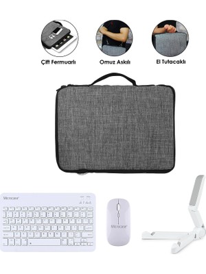 Microcase Xiaomi Redmi Pad Se 11 Inch Tablet Uyumlu Gri Çanta + Türkçe Bluetooth Klavye + Mouse + Standı - Beyaz AL5163