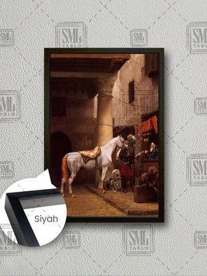 Jean Leon Gerome Alışveriş Yapan Adam Beyaz At Osmanlı Askeri Çerçeveli Dikey Kanvas Tablo