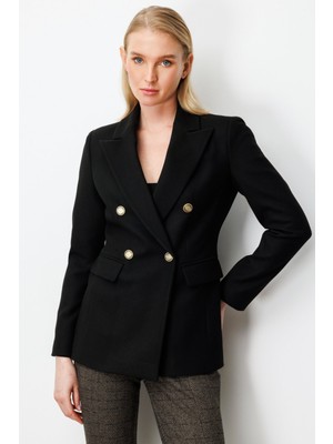 Ekol Kadın Kruvaze Yaka Kaşe Ceket 5069 Siyah