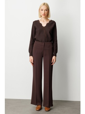 Ekol Kadın Krep Kumaş Bol Paça Pantolon 1031 Kahverengi
