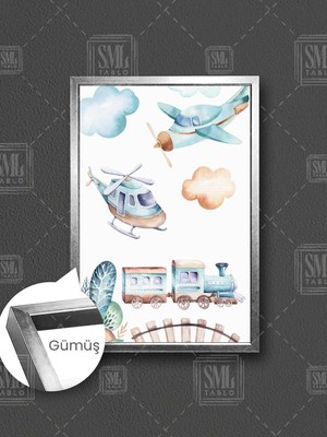 Uçaklar Renkli Tren Bulutlar Çizgi Film Karakteri Çoçuk Odası Dekor Çerçeveli Dikey Kanvas Tablo
