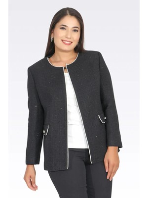 Tolga Saraçoğlu Kadın Kontrast Biye Detaylı Şık Şanel Ceket 0124 Siyah