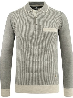Erkek Polo Yaka Kazak Cepli Desenli Çelik Örgü Klasik Kalıp - 5208F