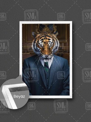Takım Elbiseli Karizma Kaplan Patron Hayvan Boss Çerçeveli Dikey Kanvas Tablo