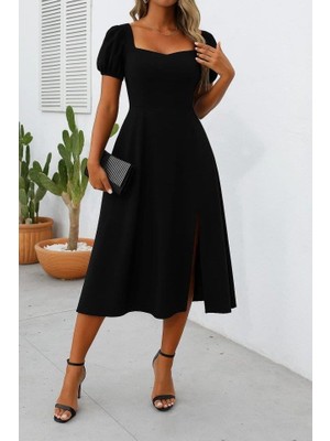 Kadın Kısa Kollu Kare Yakalı Yırtmaçlı Midi Janjan Krep Elbise