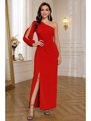 Tek Omuz Açık Derin Yırtmaçlı Krep Tam Boy Elbise