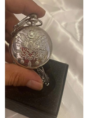 Gümüş Saat Köstekli Saat Tuğra Kabartmalı Pilli