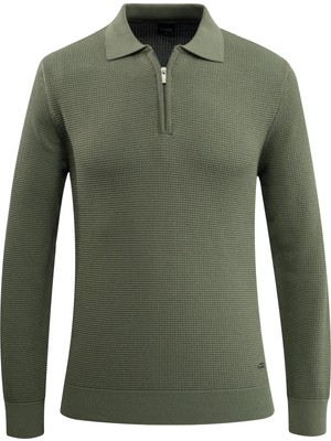 Erkek Fermuarlı Polo Yaka Kazak Triko Kabartmalı Örgü Düz Renk Klasik Kalıp - 5240F