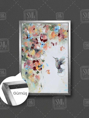 Renkli Çiçeklere Uçan Sinek Kuşu Yusufçuk Çerçeveli Dikey Kanvas Tablo