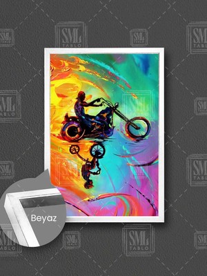 Motorsiklet Süren Motorcu ve Içindeki Bisiklet Süren Çocuk Çerçeveli Dikey Kanvas Tablo