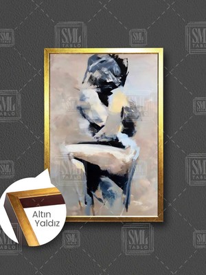 Sarılan Romantik Çift Mürekkep Dağılması Aşk Love Çerçeveli Dikey Kanvas Tablo