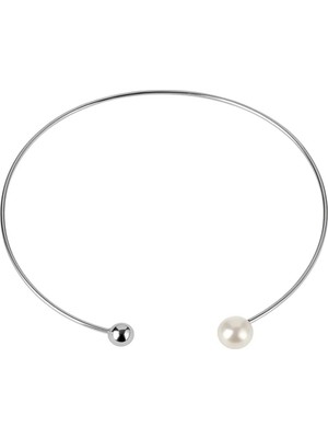 Gümüş Rengi Inci ve Metal Topçuk Detaylı Choker Kolye ve Bileklik
