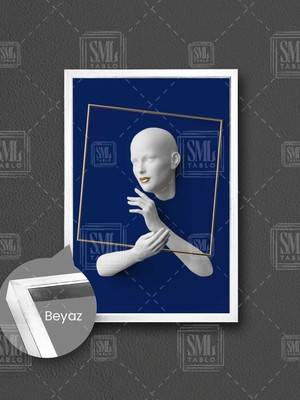 Duvardan Çıkan Kare Çerçeve Tutan Altın Dudaklı Heykel Çerçeveli Dikey Kanvas Tablo