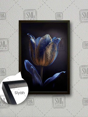Altın Yapraklı Mavi Lale Gold Pırıltı Zarif Çiçek Çerçeveli Dikey Kanvas Tablo